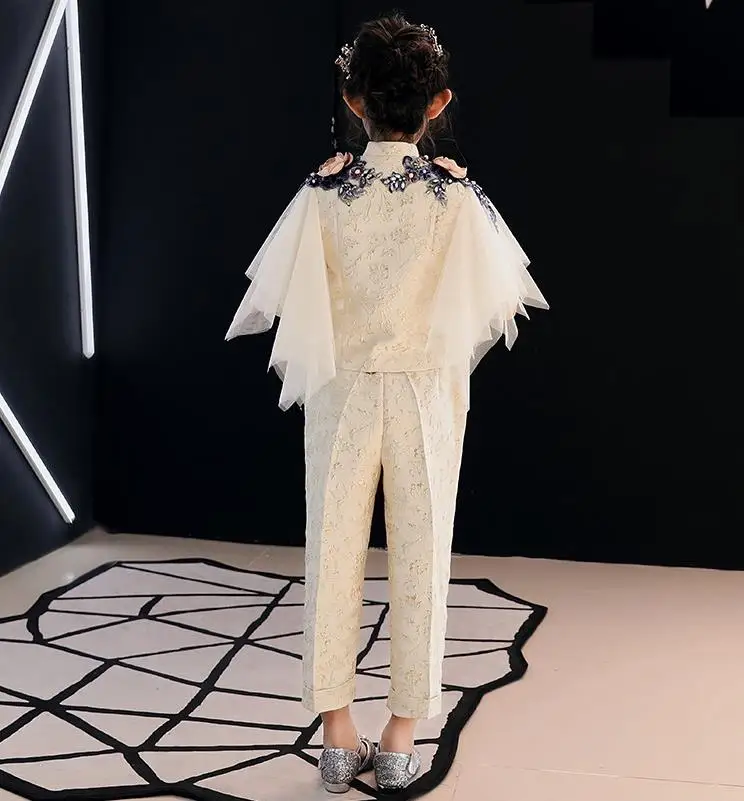 Luxury Girls Blazers Suit Lace Embroidery beading Kids Pageant Gown Birthday Costume Appliques Fashion Evening Dress Sets L47