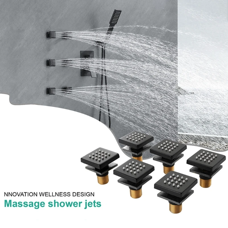 E5BE Shower Spa Brass Square Massage Jets Spray Body Shower Set 2 Inch Nozzle Jet Massage Side Sprayer Black/Ch rome