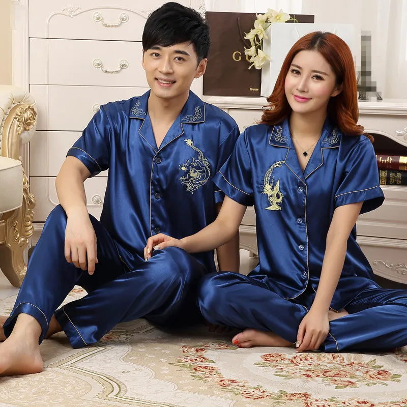 Summer Silk Couple Pajamas Short Tops+Long Pants Two Piece Set Pyjamas Loose Casual Soft M-3XL Lovers Homewear Clothes