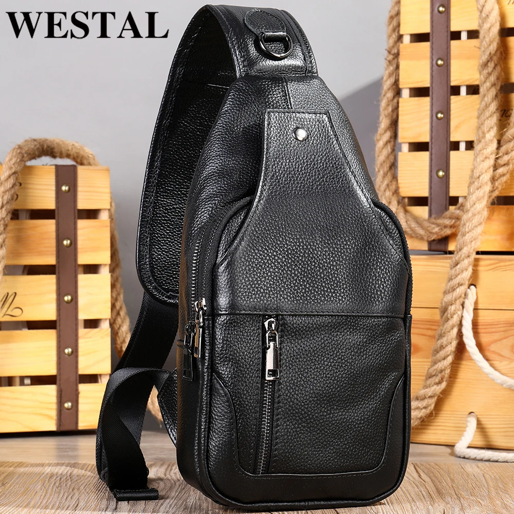 WESTAL Man\'s Chest Bags Genuine Leather Crossbody Bag Messenger/Sling Pack Shoulder Bag Fashion Travel Daily Pack