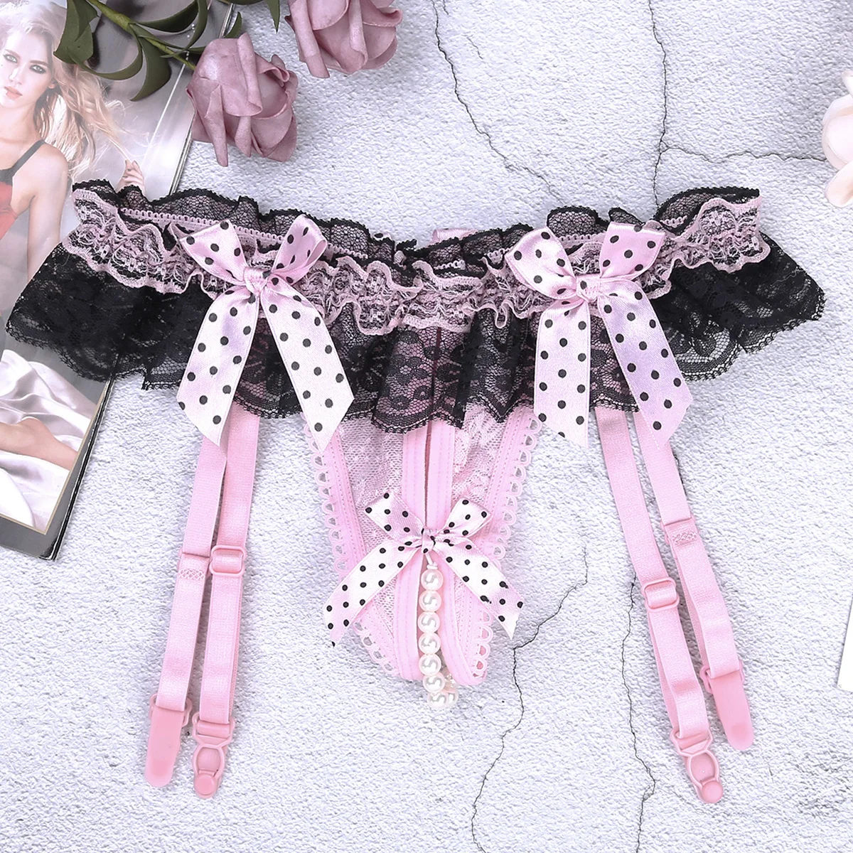 Thảm Chùi Chân Lông Xù Ren Nơ Thấp Tăng Mở Đáy Quần Chữ G Quần Lót Với Garters Crotchless Gợi Tình Quần Lót Nóng Gợi Cảm Cho Nữ