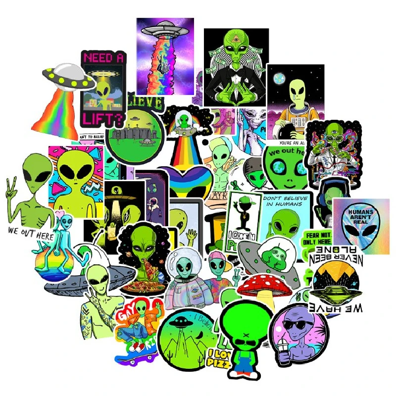 50pcs/pack cartoon green big eye alien E.T stickers laptop cup waterproof creature from outer space UFO sticker