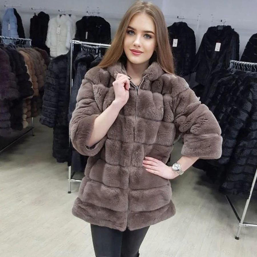 Casaco de pele com capuz feminino natural rex coelho jaqueta de pele inverno quente destacável casaco de alta qualidade outerwear mais vendido