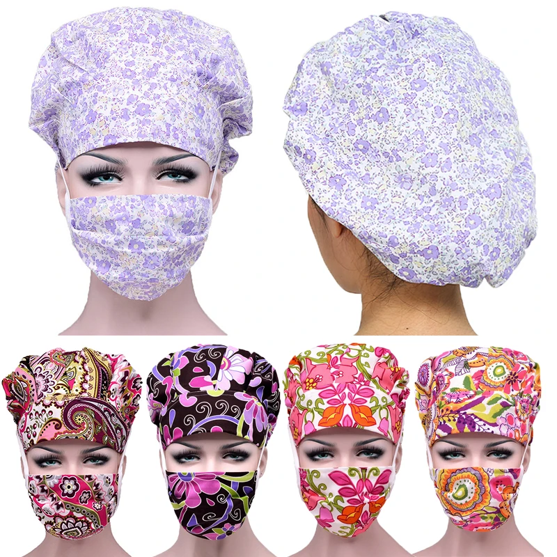 

Women Scrub Caps Sets Two Piece Cotton Adjustable Sweatband Bouffant Hats Flower Printed Work Wear Washable Hats Accessories