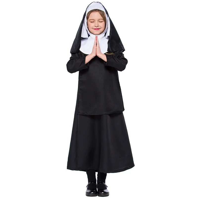 Kids Nun Costume Catholic Sister Robe Outfit Halloween Purim Girls Sister Nun Cosplay Costume Party Fancy Dress