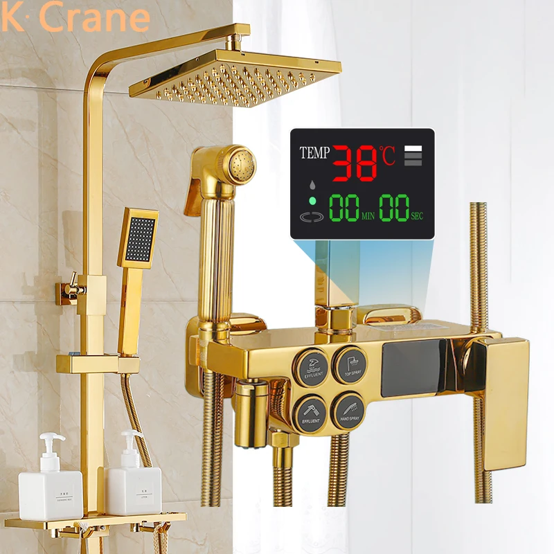 

Gold Shower System Set Bathroom Hot Cold Mixer Digital Thermostatic Bath Faucet Wall Mount SPA Rainfall Grifo Luxury Torneiras