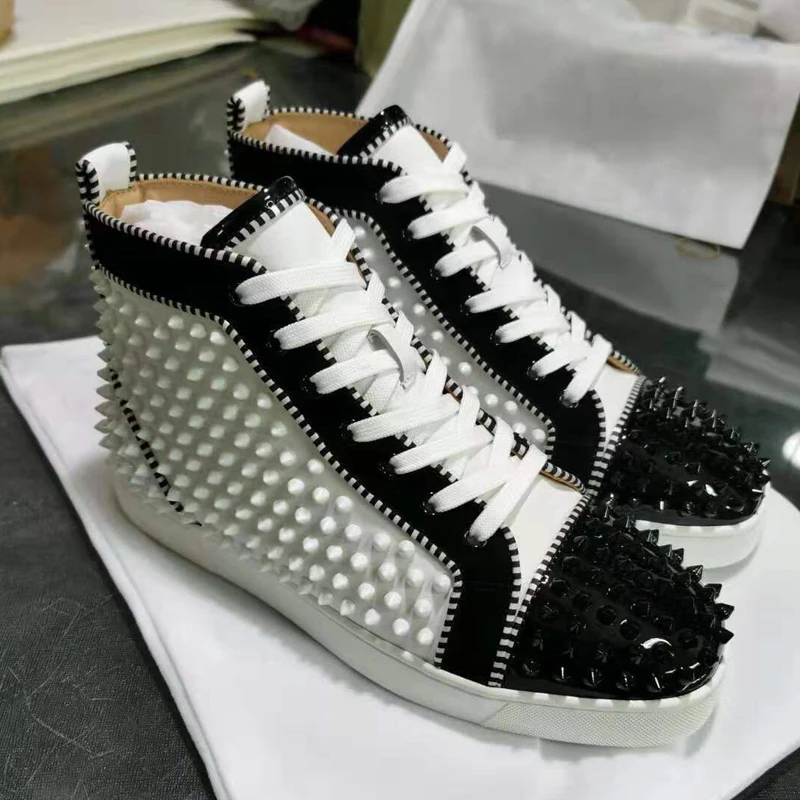 

Fashion Men Mixed Color Black and White Patchwork Flats Shoes Male Lace Up High Top Loafer Shoes