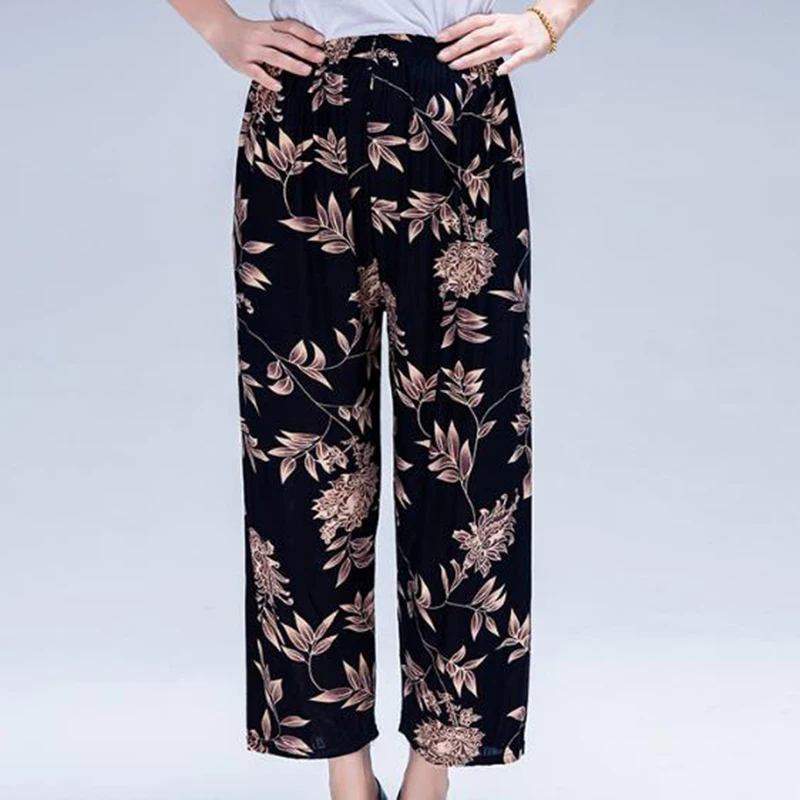 2023 Summer Thin Loose Ice Silk Flowers Polyester Black Nine-point Straight Pants Women\'s Printed Casual Pants Lady Wear Top