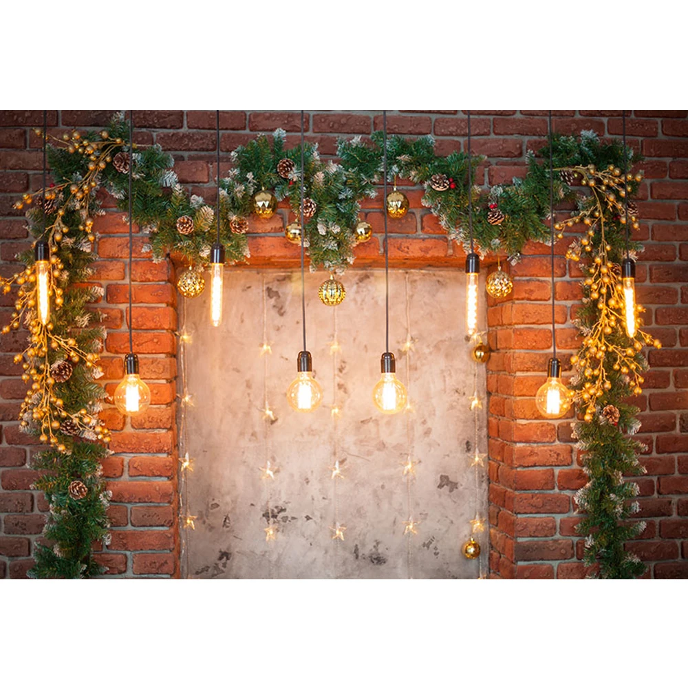 

Christmas Party Decoration Photo Background Printed Bulbs Green Pine Vines Brick Wall Baby Kids Children Photography Backdrops