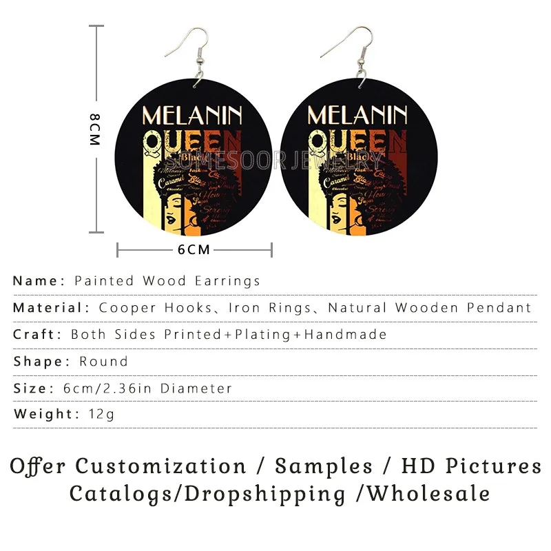 SOMESOOR Melanin Poppin Queen Curly Wooden Drop Earrings Black Girl Magic Goddess Art Printed Afro Loops Dangle For Women Gifts