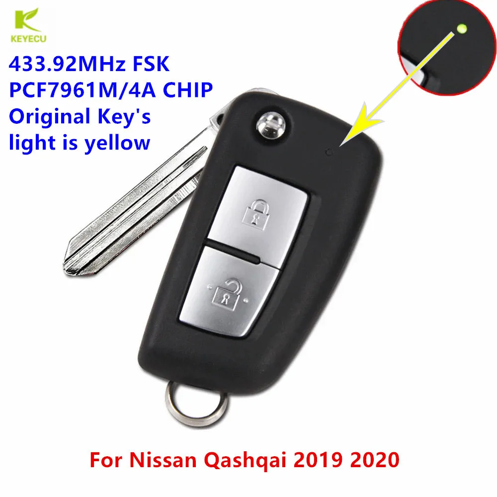 

KEYECU Replacement Flip Remote Key Yellow Led 2 Button PCF7961M / 4A CHIP 433.92MHz FSK for Nissan Qashqai 2019 2020