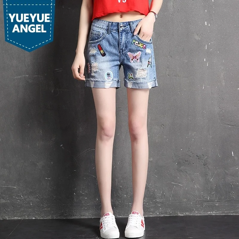 Fashion New Summer Women's Shorts Straight Loose Fit Casual Female Trouser Korean Style Embroidery Hole Ripped Jeans Short