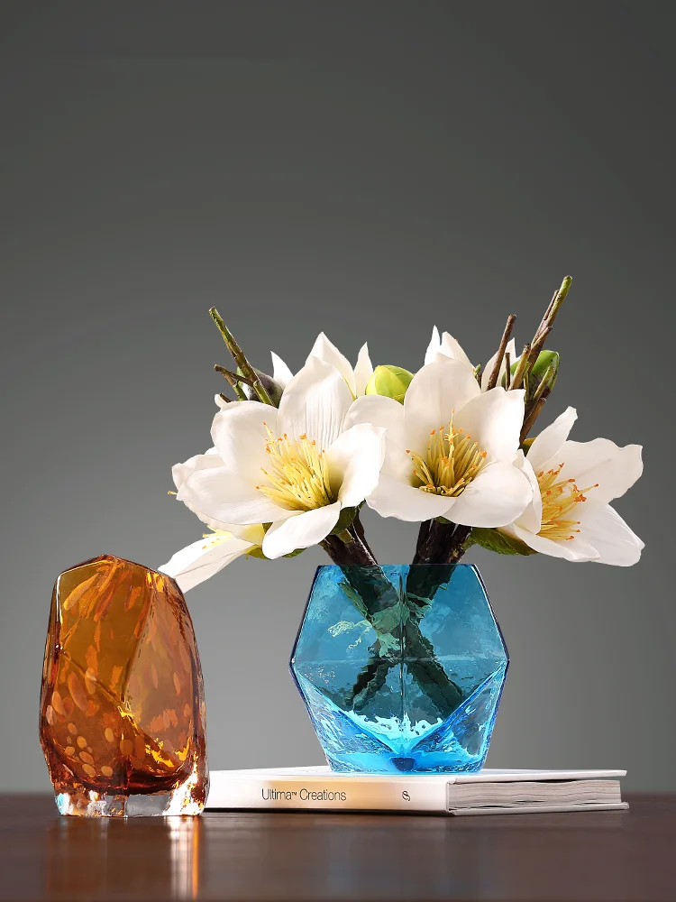 Modern Nordic Creative Geometry Glass Vase, Blue Transparent Flower Bottle Crafts, Living Room Ornaments, Home Decor Accessories