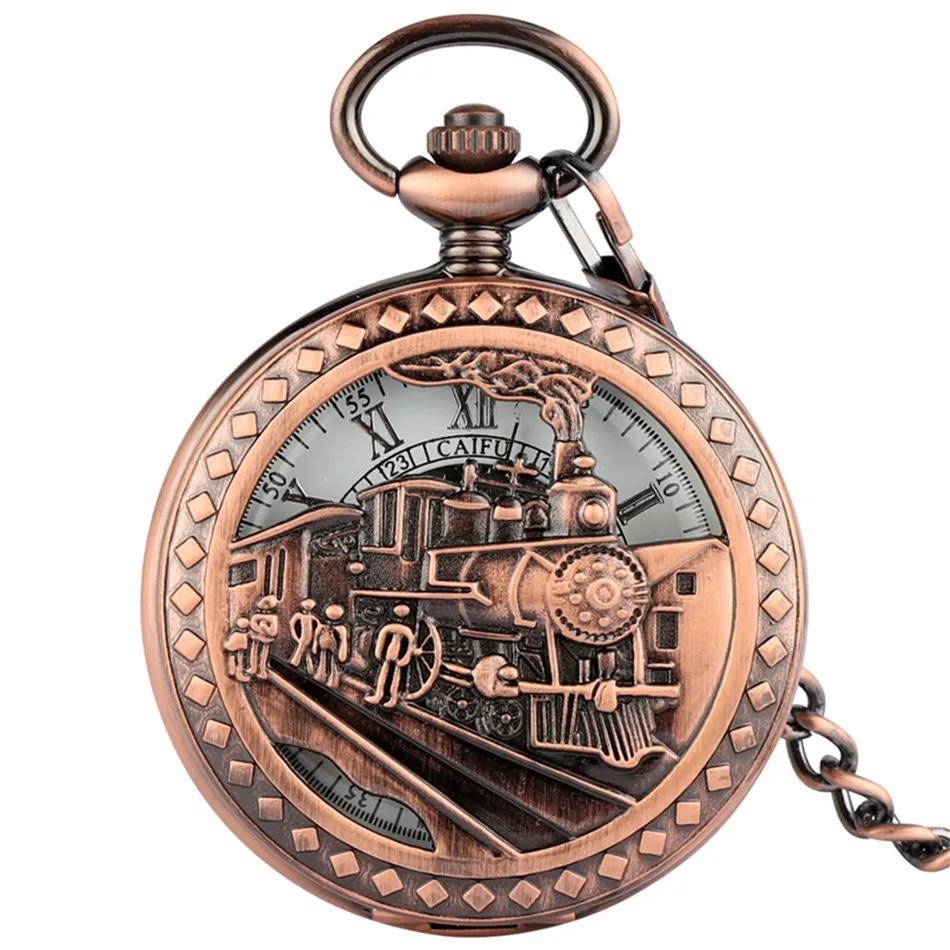 Steampunk Vintage Train Pattern Mechanical Hand-wind Pocket Watch Red Copper Pendant Antique Clock Manual Mechanism Timepiece