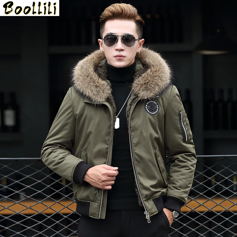 

Jacket Boollili Winter Natural Rabbit Fur Coat Men Clothes Real Raccoon Fur Collar Warm Parka Men Short Jacket