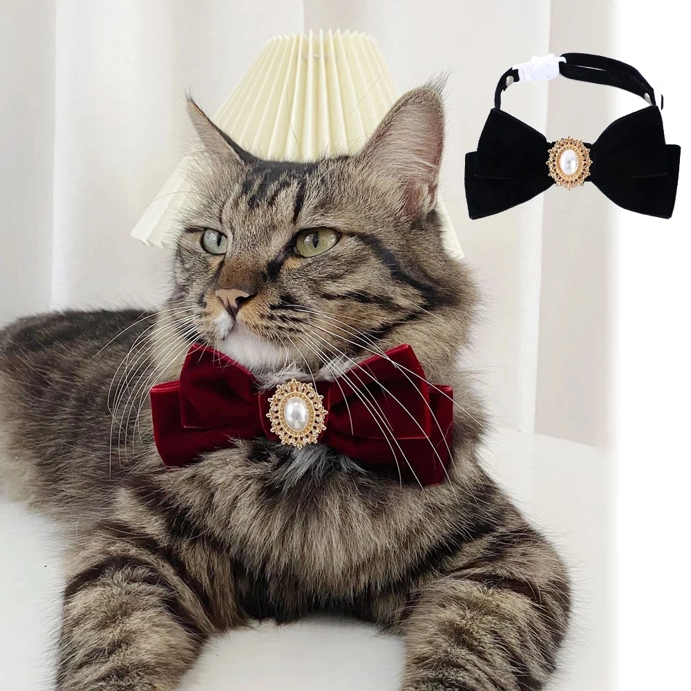 

Retro Cats Collars Velvet Kitten Bowknot Bow Tie with Pearl Adjustable Anti-suffocation Puppy Necklace Pets Party Accessories