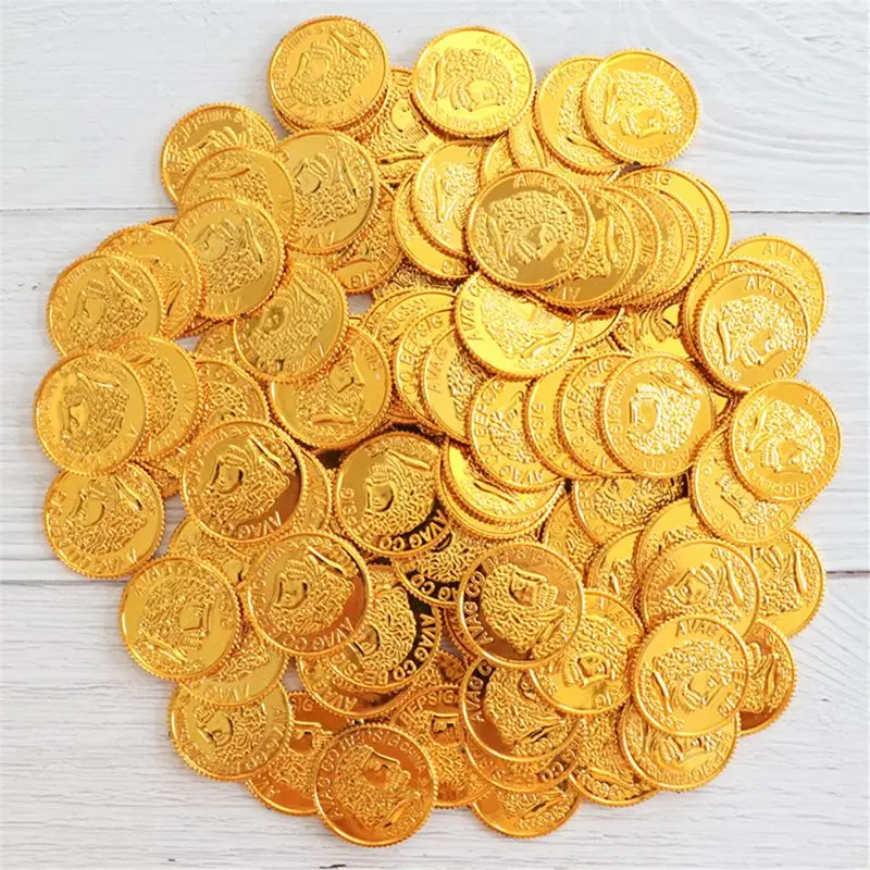 

Pirate Gold Coins Plastic Set of 100,Play Gold Treasure Coins for Play Favor Party Supplies, Pirate Party, Treasure Hunt Game an