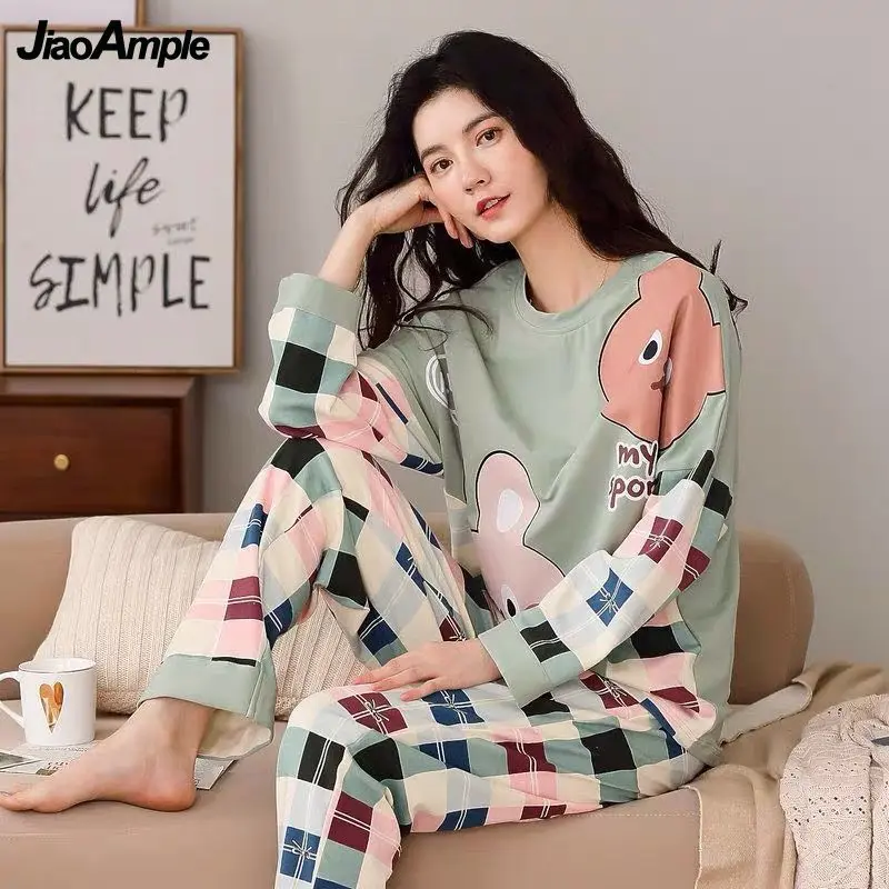 

2022 Spring Autumn Casual Sleepwear women's Cotton Pajamas Suit Female Long-sleeved Trousers Nightie Pijamas Two Piece Set