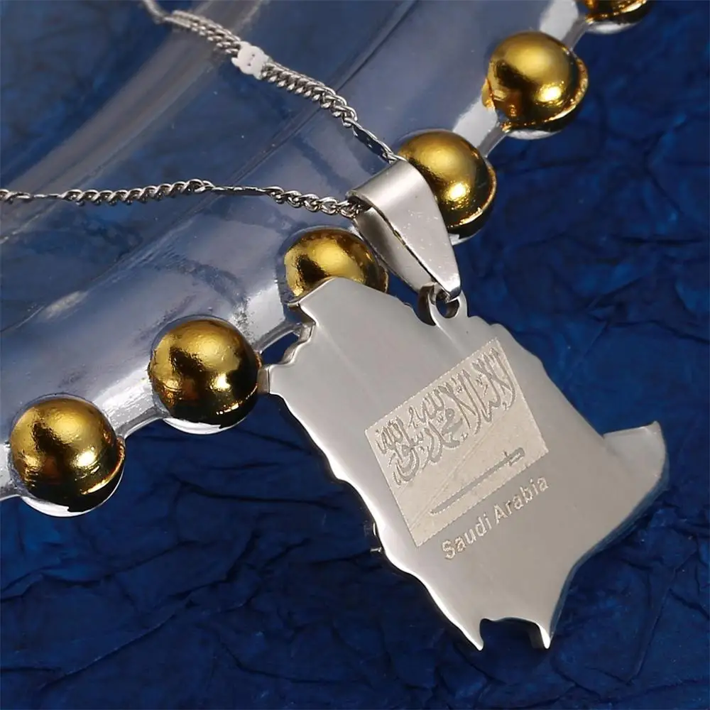 Stainless Steel Saudi Arabia Map Flag Pendant Necklace Kingdom of Saudi Arabia Jewelry