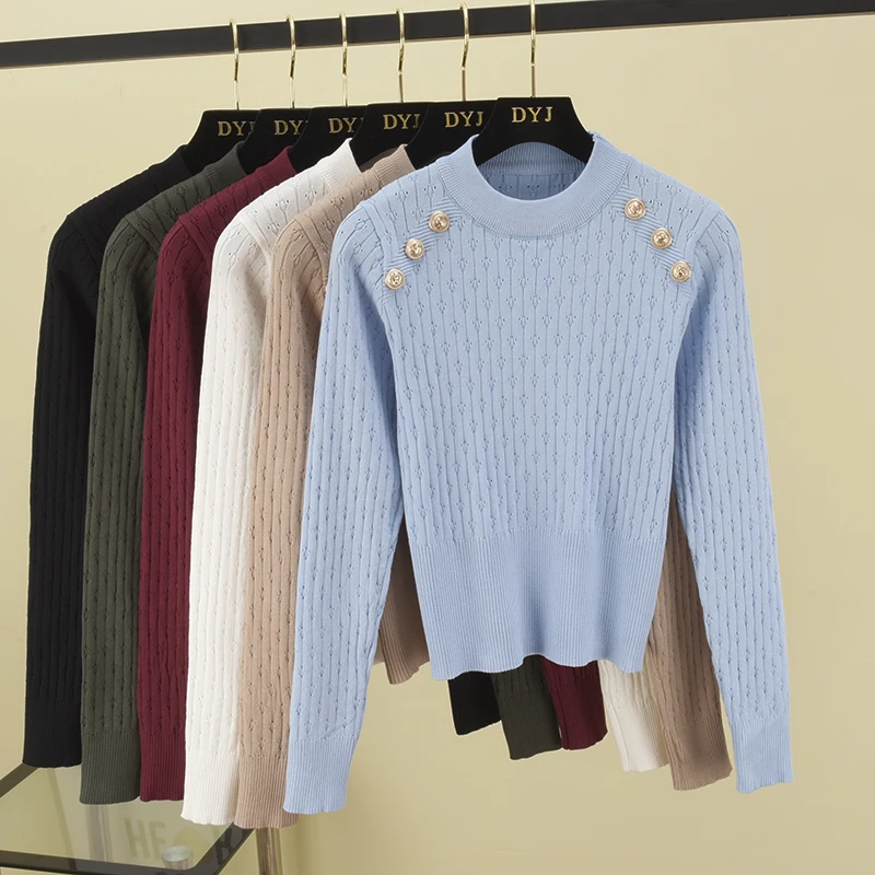 Full Sleeve O-neck High Quality Sweater Shirts With Decorated Buttons Girls Stretchy Crop Tops Autumn Sweaters Pullovers Women