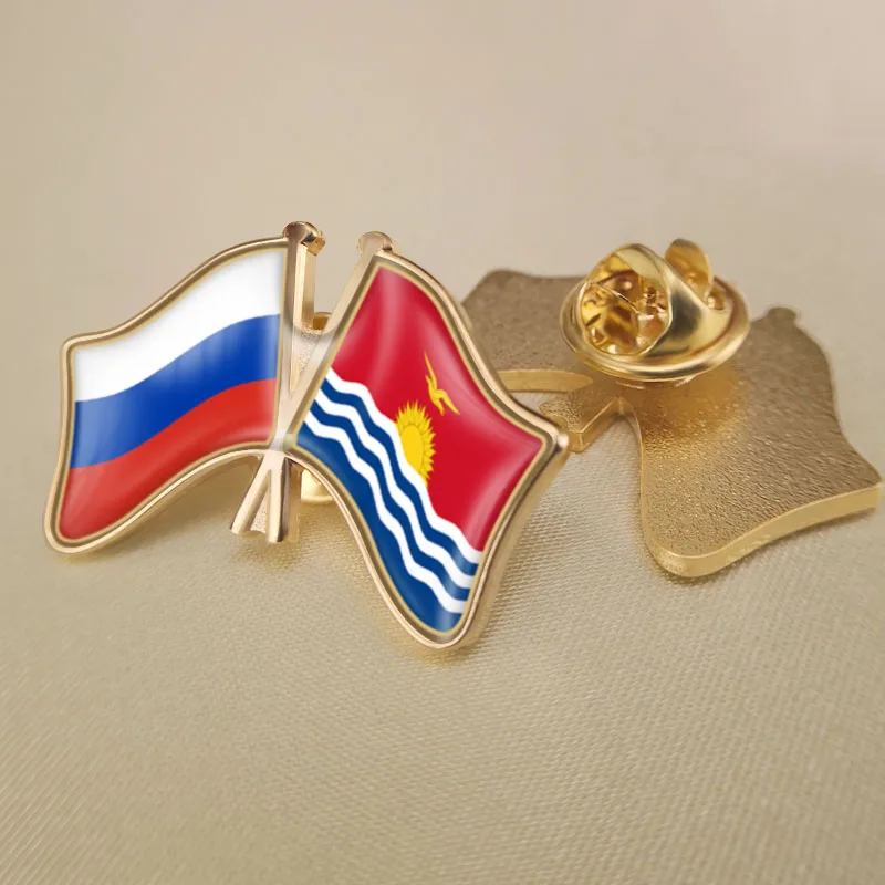 Russian Federation and Kiribati Crossed Double Friendship Flags Lapel Pins Brooch Badges