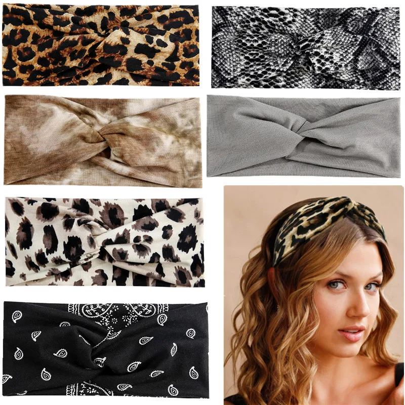 Sports Headbands For Women Criss Cross Elastic Hair Bands Boho Turban Leopard Print Headwraps Hair Accessories