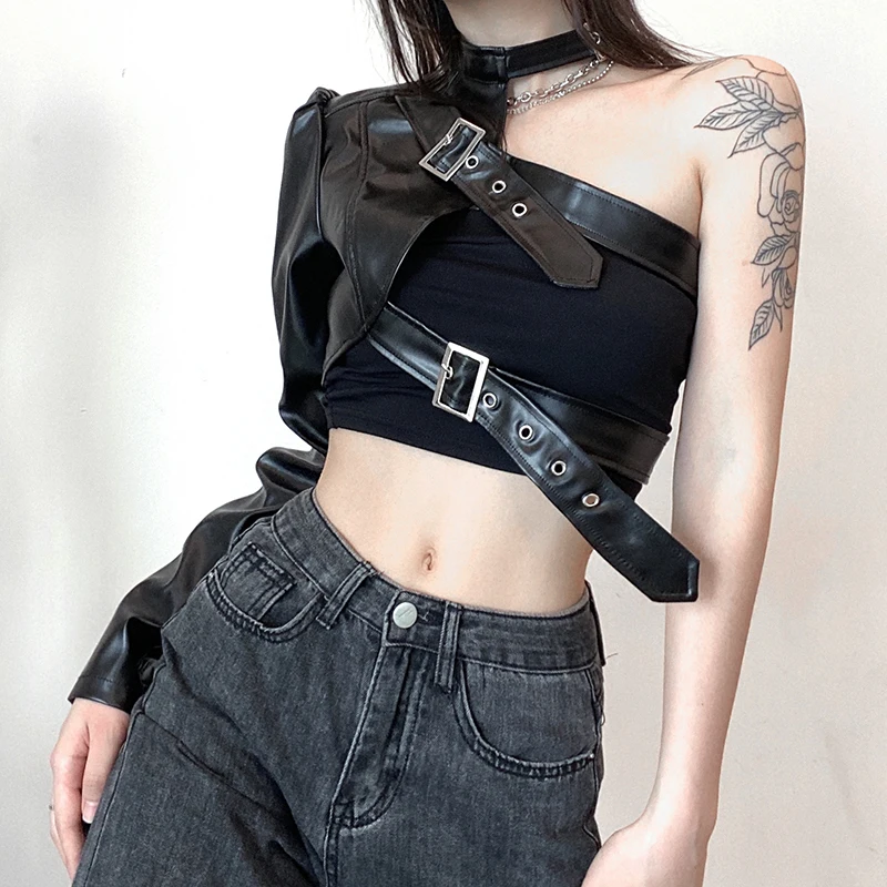 SUCHCUTE Hip Hop Fashion PU Leather Jacket Women Metal Buttons One shoulder Sexy Punk Streetwear Halter Crop Top Goth Techwear