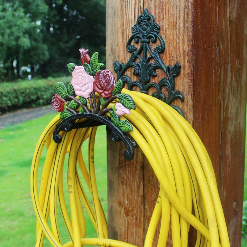 Cast Iron Heavy Duty Garden Hose Holder - Decorative Hand-Painted Peony Wall Mounted Water Hose Hanger Metal Hose Stand-