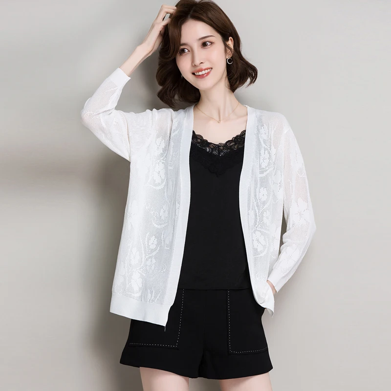 

Women Knitwear Summer Thin Knit Coat V-Neck Female Elegant Floral Knit Cardigan Hollow Knit Outwear