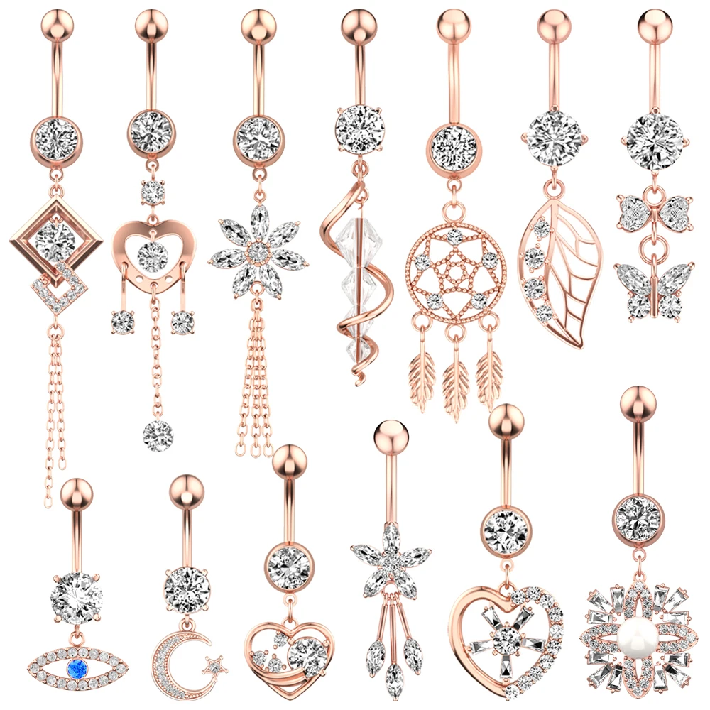 New Zircon Fashion Navel Piercing Surgical Stainless Steel Butterfly Heart Belly Button Rings Belly Piercings Dangled Body Jewel