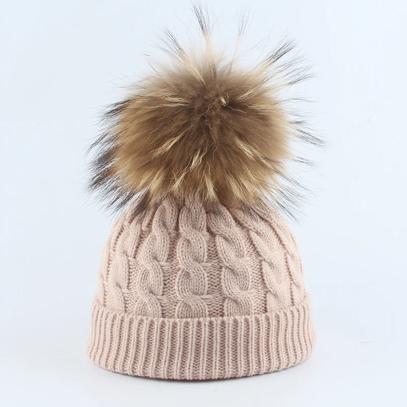 Mom And Kids Winter Hats For Women Big Real Fur Pompom Hat Twisted Knitted Beanie Cap Girls Cotton Skullies