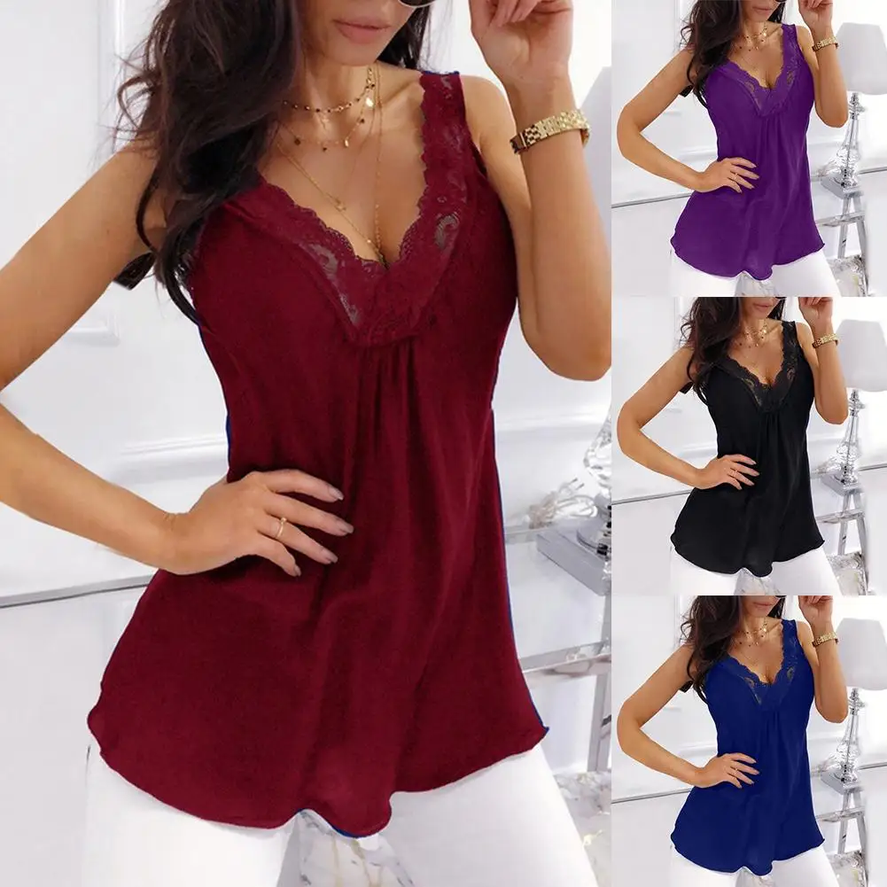 Plus Size Sexy Solid Color Lace Patchwork V Neck Women Sleeveless Tank Top Vest