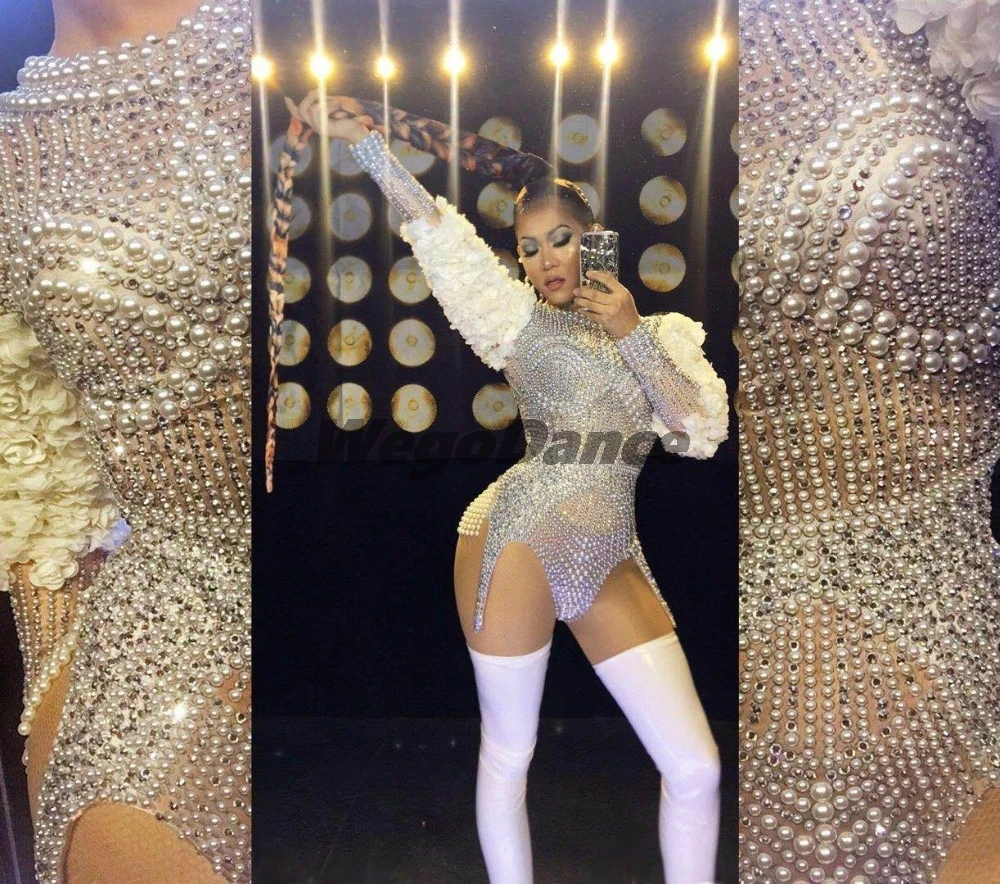 Sexy Performance Women Singer Leotard Stage Wear Beyonce Stretch Outfit Super Pearls Rhinestones Flower Playsuits