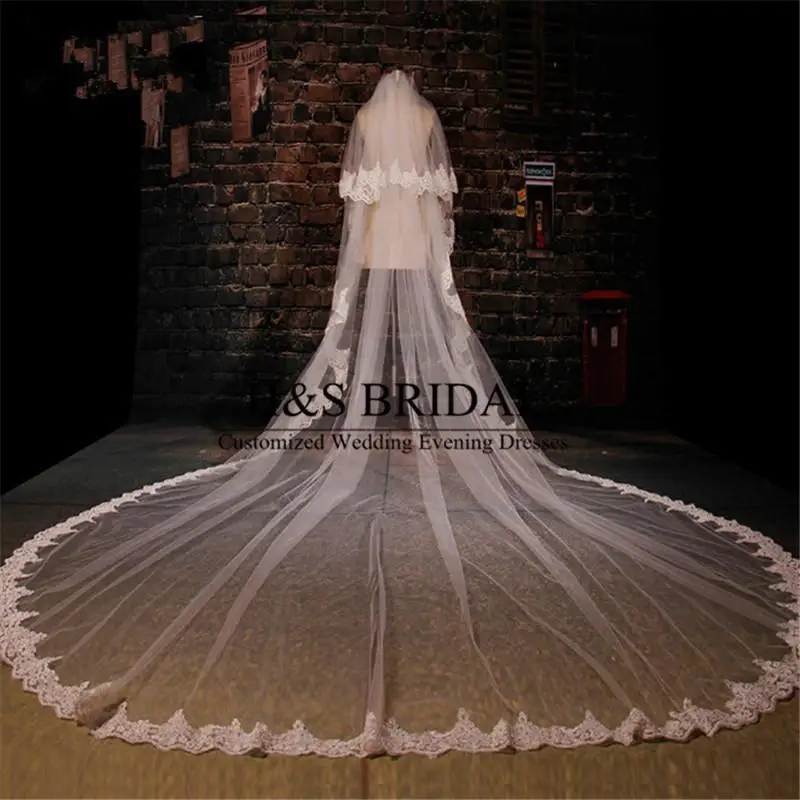 Designed Two Layer Three Meters Length Embroidered Lace Appliques Lace Wedding Veils White Ivory Long Blush Face Bridal Wraps