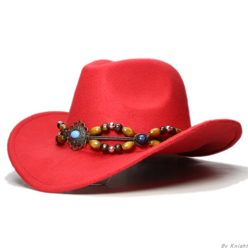 

B-7947 Unisex Leather Belt Adult Wool Cowboy Hat Sunshade Travel Big Brim Hat Accessories Children and Parents Woolen Caps