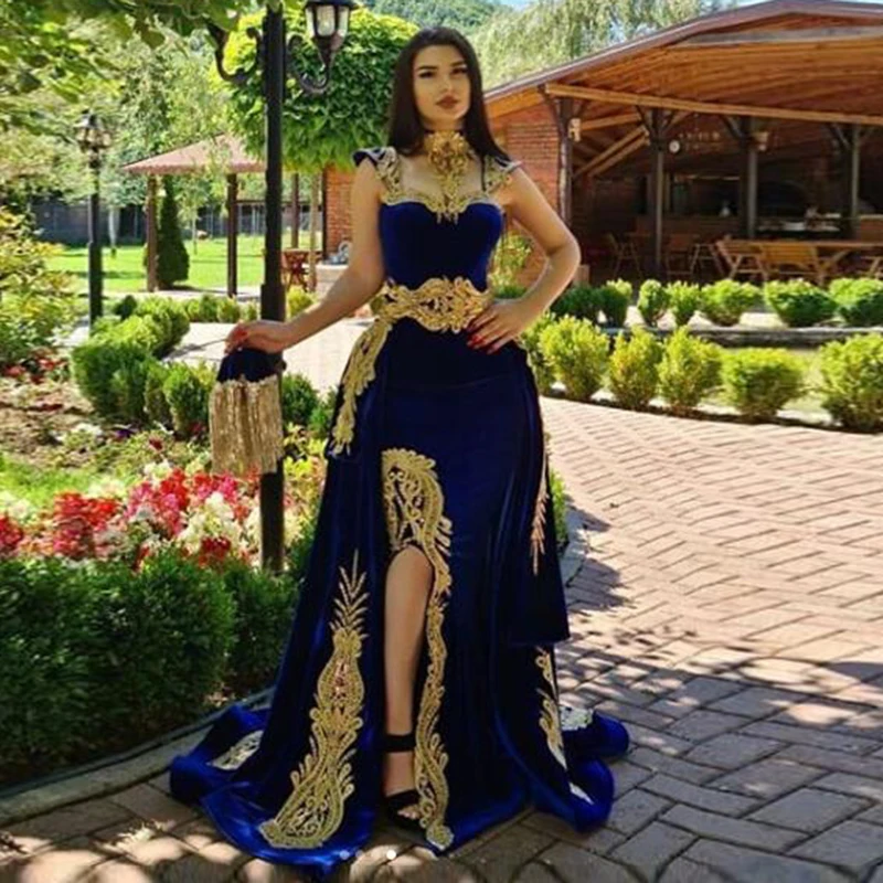 Eightale Arabic Evening Dress with Detachable Skirt Two Pieces Blue Morocco Kaftan Mermaid Customized Velvet Prom Party Gown