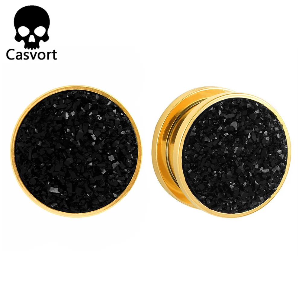 Casvort 2PCS Fashion Resin Stone Golden Ear Plugs Tunnels Piercing Body Jewelry Gauges Expander Pair Selling Daily Simple