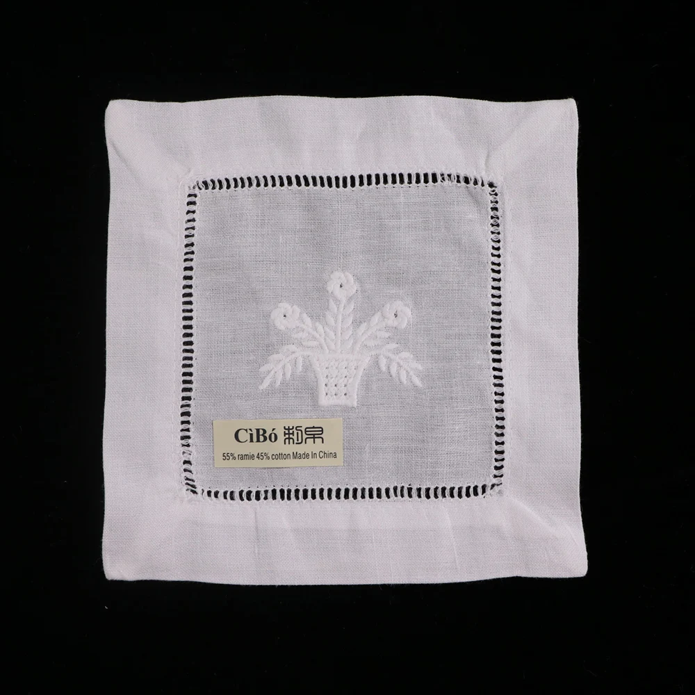 

N034-6: 120 pieces White Ramie Cotton Embroidered Hemstitched Cocktail Napkins Ladder Hem Stitch Cloth Napkin Coasters