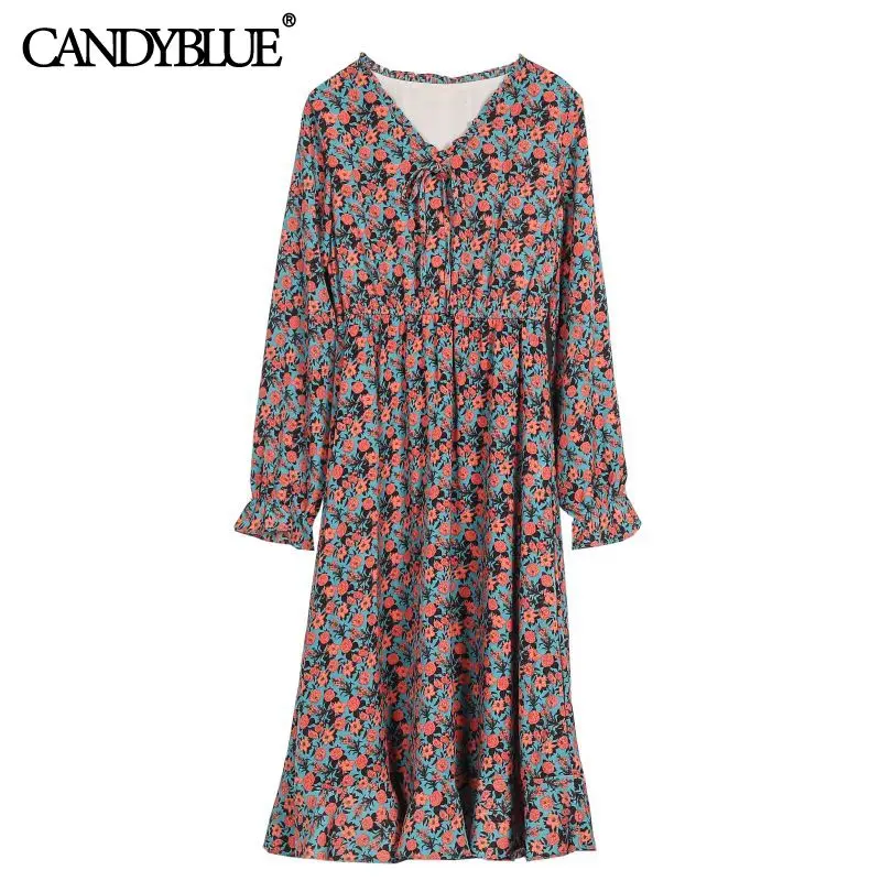 Orange floral chiffon dress 2022 spring new fashion French nine-quarter sleeve elastic waist knee-length casual dress women