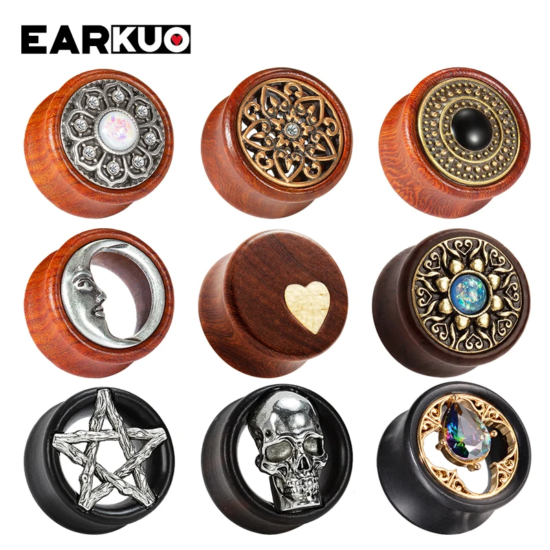 EARKUO Fashionable Style Wood Ear Gauges Tunnels Plugs Piercing Body Jewelry Earring Expanders Stretchers For Women Men 2PCS