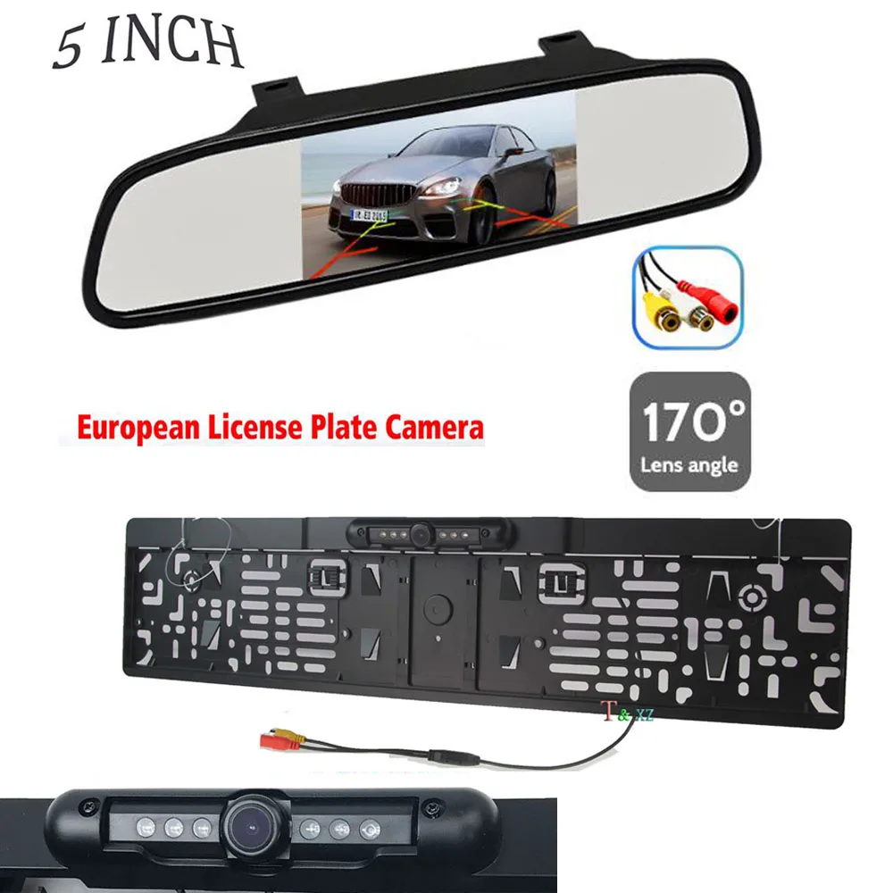 5 inch 800X480 Car Reverse Backup LCD Display 2 AV Video Monitor with EU License Plate Frame Parking camera IR Night Vision