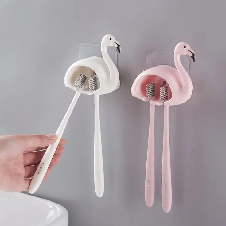 Flamingo Sucker 2 Position Toothbrush Holder Suction Hooks Bathroom Accessories Family Set Wall Bathroom Wholesale