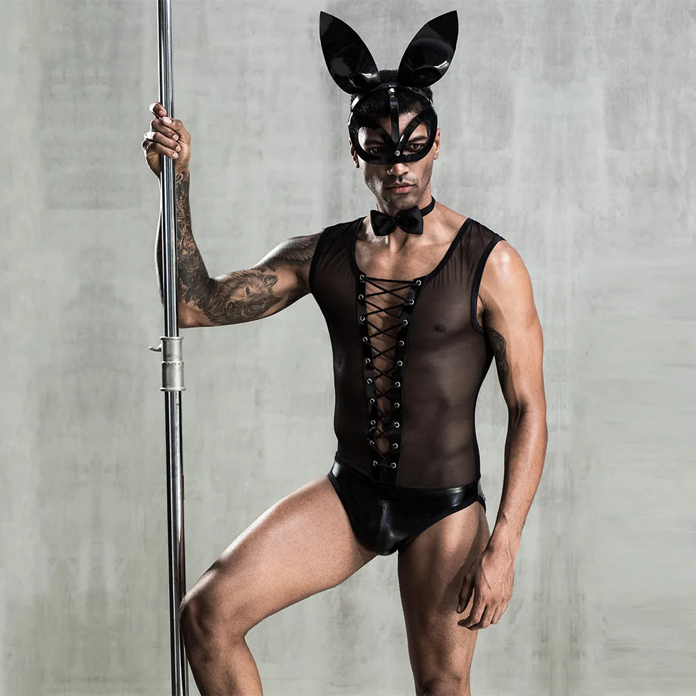 4 Men Faux Leather Panties Rabbit Ear Facepiece Fur Ball Tail Set