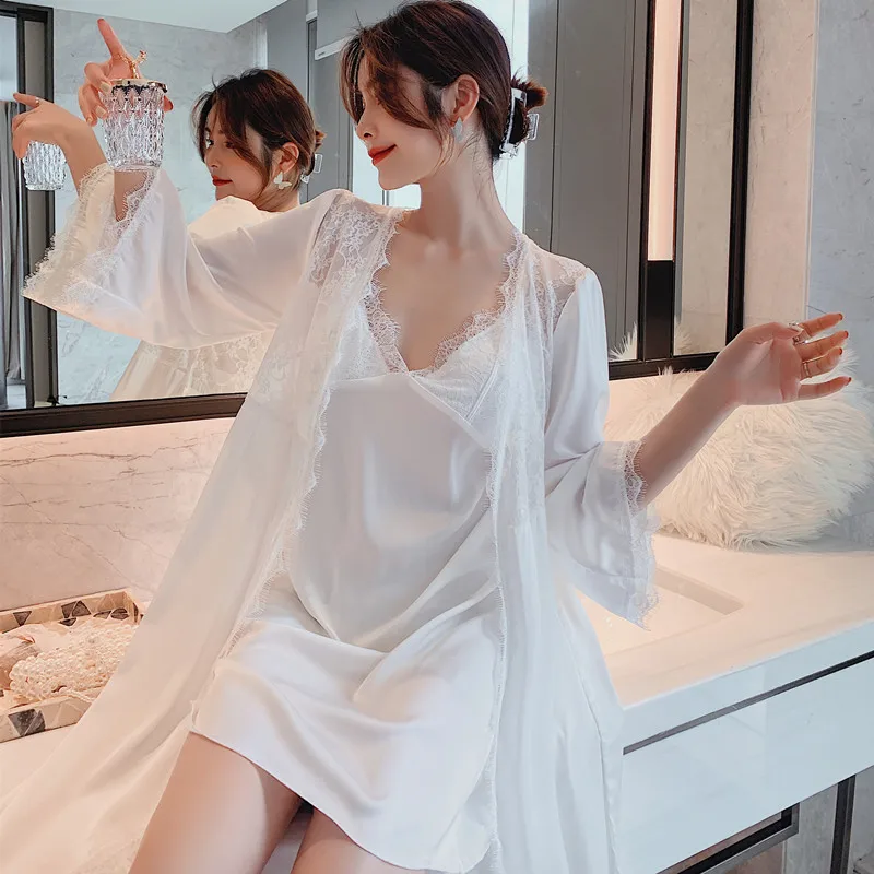 

Satin Two Piece Sleepwear Lace Robe Set For Sexy Women Bathrobe Nightgown Summer Casual Kimono Gown Lounge Wear Homewear