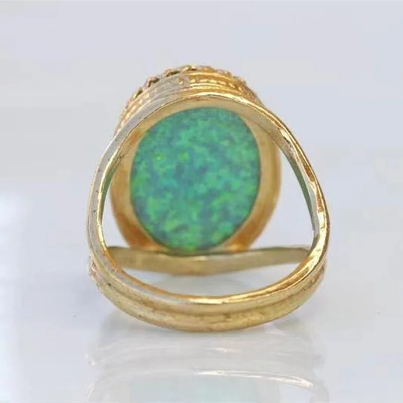 Trendy Ladies Gold Color Inlaid Geometric Oval Opal Copper Finger Ring for Women Female Party Jewelry Size 5-11