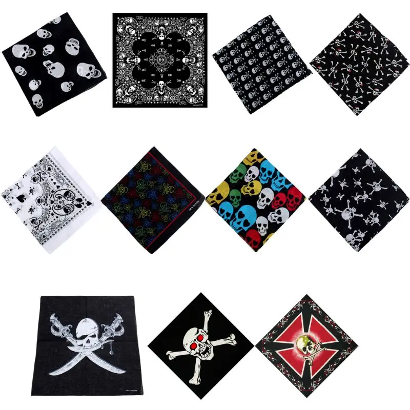 54x54cm Unisex Skull Theme Colorful Cotton Fabric Square Bandanas Graphic Print Gothic Scarf Sport Hip-Hop Wristband Hair Wrap