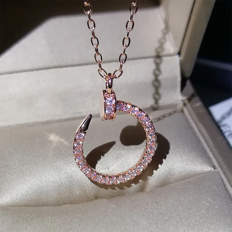Simple Fashion Rose Gold Inlaid Full Diamond Nail Necklace Luxury Curved Nail Round Pendant Clavicle Chain For Ladies