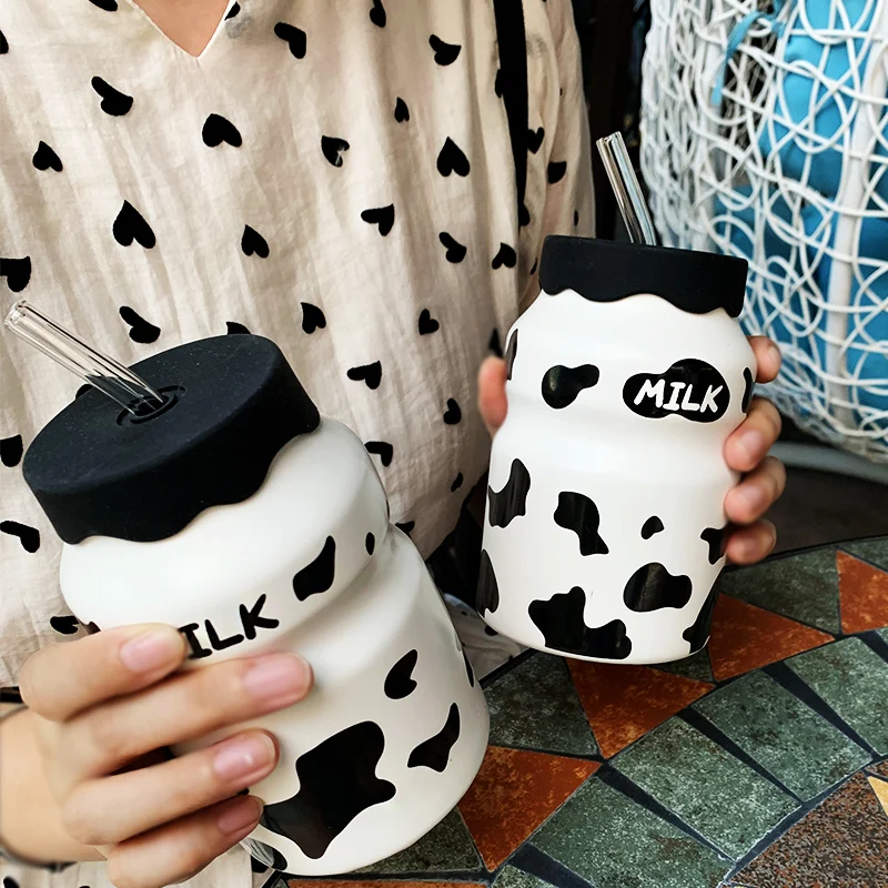 Cow Spot Straw Cup Small and Lovely Children\'s Ceramic Water Bottle with Cover and Straw Korean Simple Cartoon Milk Coffee Cup