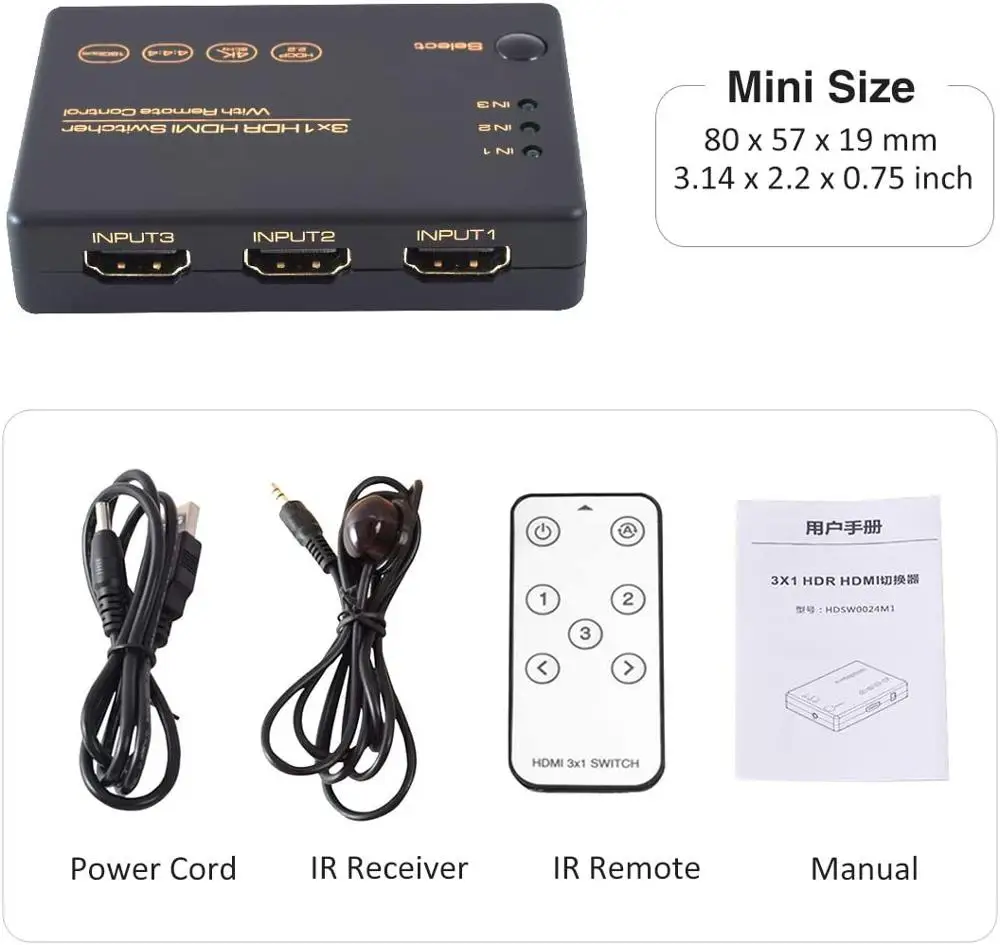 3-Port HDMI Switch 4K HDMI Switcher, Splitter, Supports 4K, Full HD1080p, 3D with IR Remote