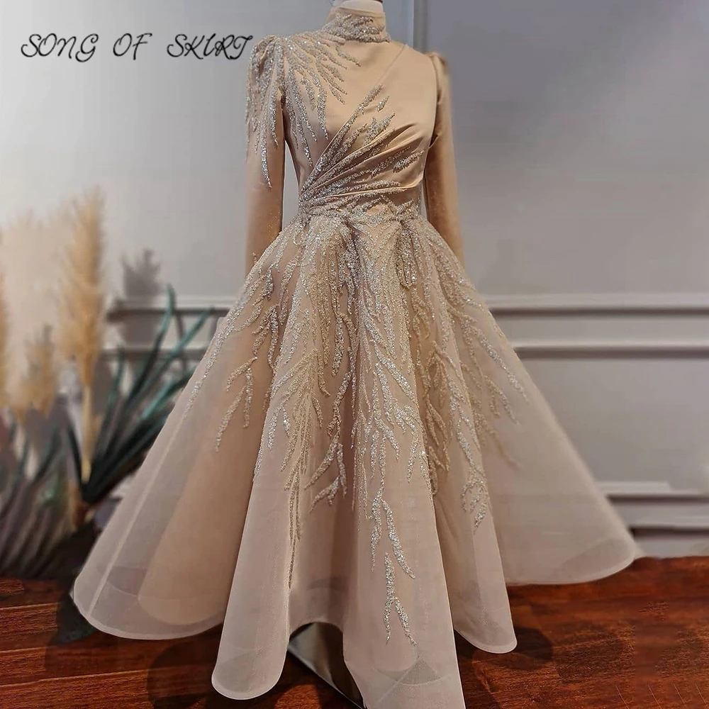 

Shiny Long Puff Sleeves Prom Gown High Collar Tea Length Organza Festival Formal Party Homecoming Dresses Robe De Soirée Femme